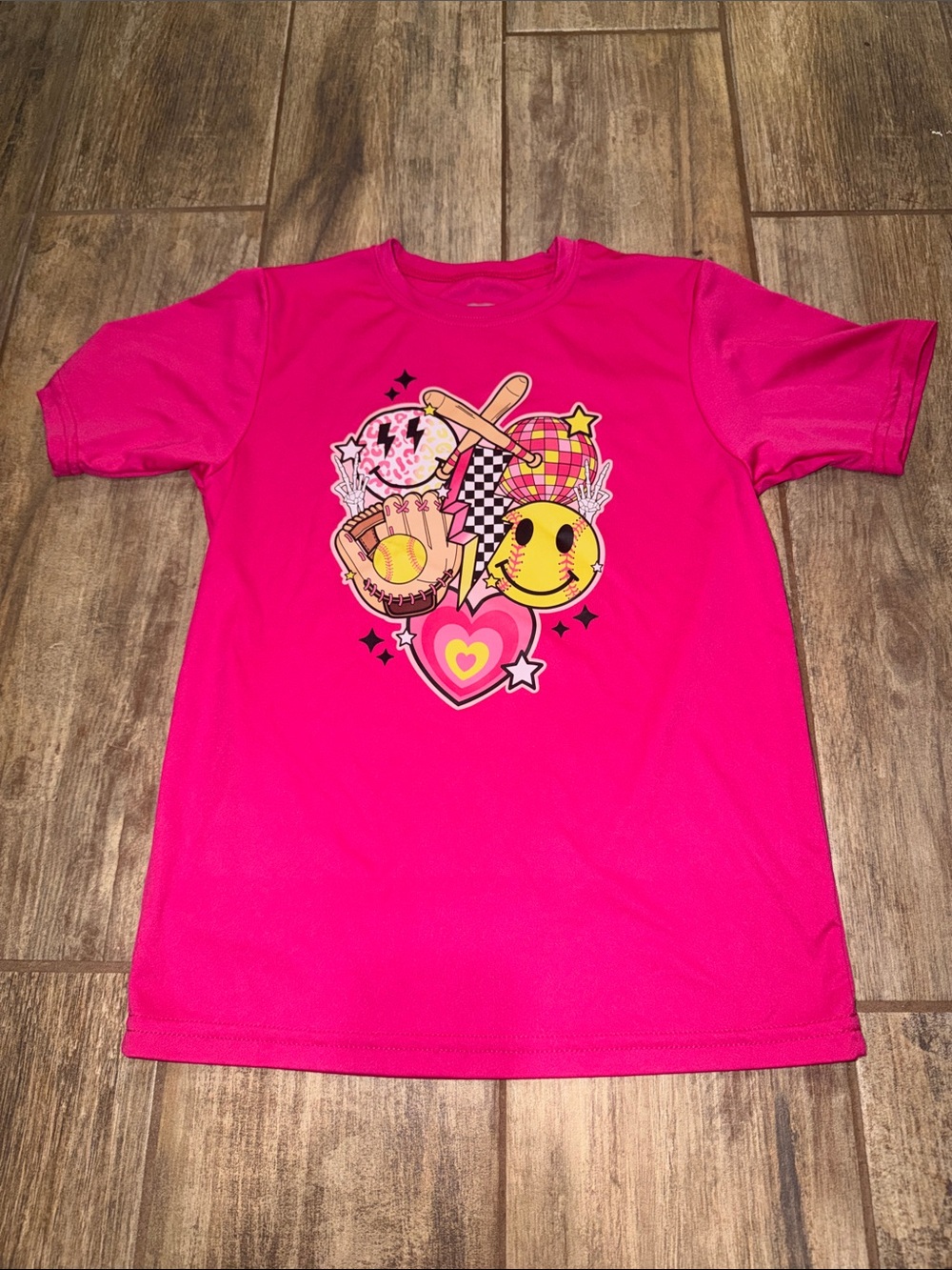 Girls' Bright Pink Graphic Short-Sleeve Tee – Playful Sports Icons